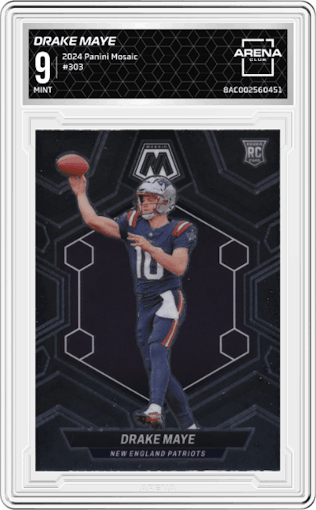 Drake Maye from the 2024 Panini Mosaic set graded by Arena Club and given an overall grade of 9.
