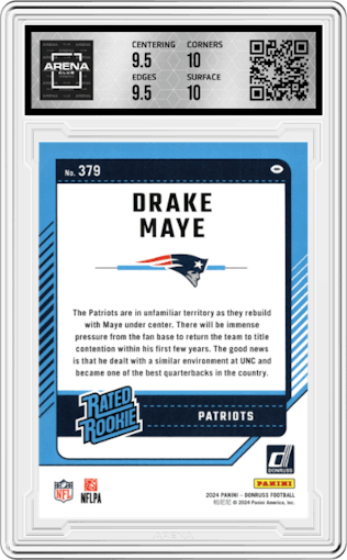 Drake Maye from the 2024 Donruss set graded by Arena Club and given an overall grade of 10.