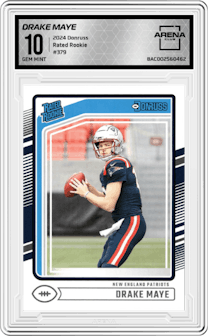 Drake Maye from the 2024 Donruss set graded by Arena Club and given an overall grade of 10.