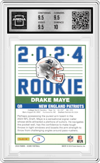 Drake Maye from the 2024 Panini Score set graded by Arena Club and given an overall grade of 10.