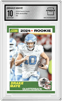 Drake Maye from the 2024 Panini Score set graded by Arena Club and given an overall grade of 10.