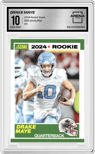 Drake Maye from the 2024 Panini Score set graded by Arena Club and given an overall grade of 10.