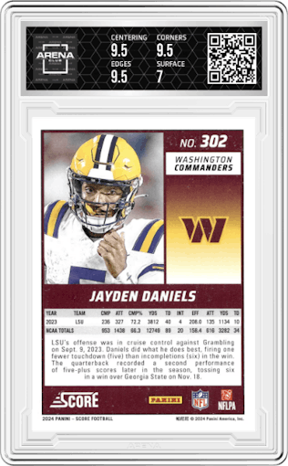 Jayden Daniels from the 2024 Panini Score set featuring a Green parallel graded by Arena Club and given an overall grade of 7.5.