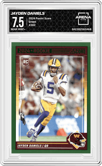 Jayden Daniels from the 2024 Panini Score set featuring a Green parallel graded by Arena Club and given an overall grade of 7.5.