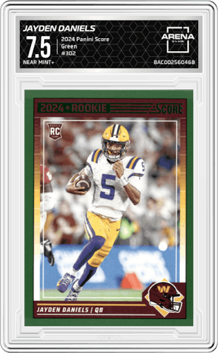 Jayden Daniels from the 2024 Panini Score set featuring a Green parallel graded by Arena Club and given an overall grade of 7.5.