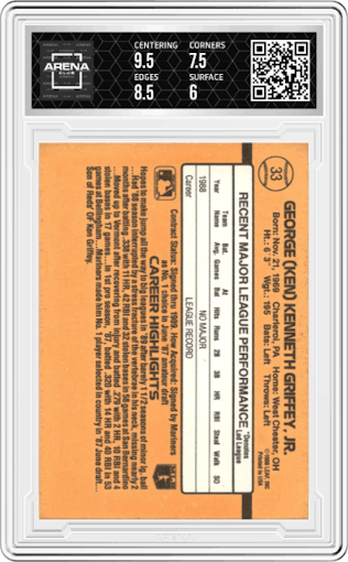Ken Griffey Jr. from the 1989 Donruss set graded by Arena Club and given an overall grade of 6.5.
