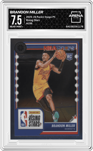 Brandon Miller from the 2023-24 Panini Hoops Premium Stock set graded by Arena Club and given an overall grade of 7.5.