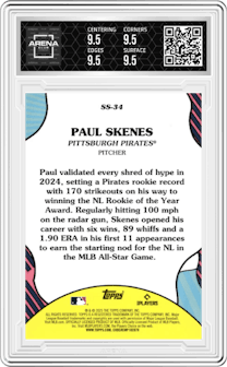 Paul Skenes from the 2025 Topps set graded by Arena Club and given an overall grade of 9.5.