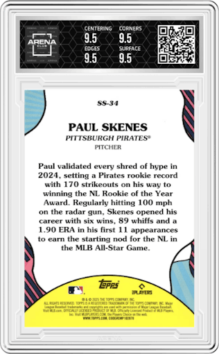 Paul Skenes from the 2025 Topps set graded by Arena Club and given an overall grade of 9.5.