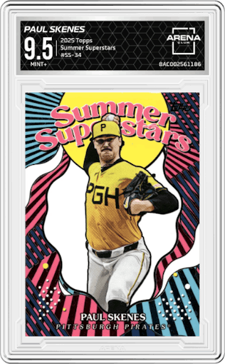 Paul Skenes from the 2025 Topps set graded by Arena Club and given an overall grade of 9.5.