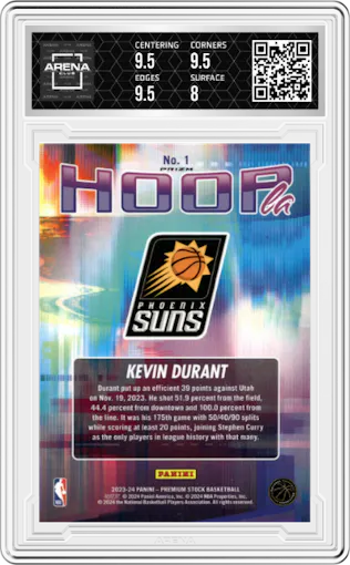 Kevin Durant from the 2023-24 Panini Hoops Premium Stock set featuring a Silver Prizm parallel graded by Arena Club and given an overall grade of 8.5.