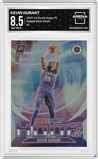 Kevin Durant from the 2023-24 Panini Hoops Premium Stock set featuring a Silver Prizm parallel graded by Arena Club and given an overall grade of 8.5.