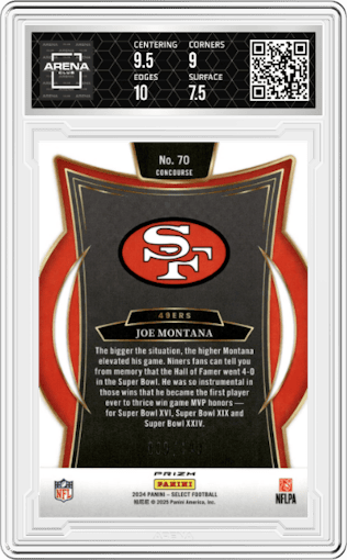 Joe Montana	 from the 2024 Panini Select set featuring a Maroon Prizm parallel graded by Arena Club and given an overall grade of 8.
