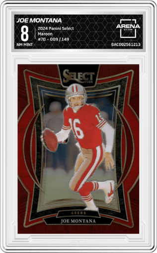 Joe Montana	 from the 2024 Panini Select set featuring a Maroon Prizm parallel graded by Arena Club and given an overall grade of 8.