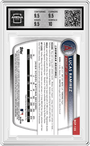 Lucas Ramirez from the 2025 Bowman Mega Box set graded by Arena Club and given an overall grade of 10.