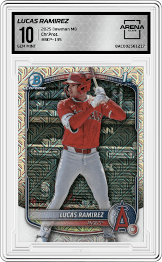 Lucas Ramirez from the 2025 Bowman Mega Box set graded by Arena Club and given an overall grade of 10.