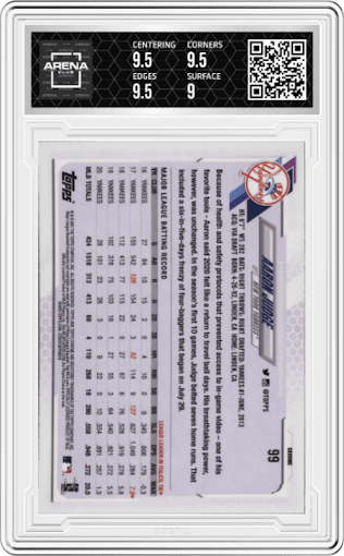 Aaron Judge from the 2021 Topps Chrome set graded by Arena Club and given an overall grade of 9.5.