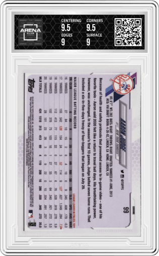 Aaron Judge from the 2021 Topps Chrome set graded by Arena Club and given an overall grade of 9.5.