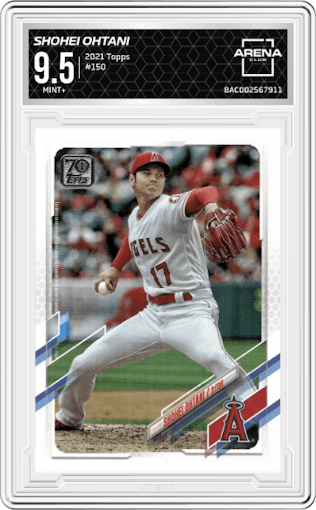 Shohei Ohtani from the 2021 Topps Series 1 set graded by Arena Club and given an overall grade of 9.5.