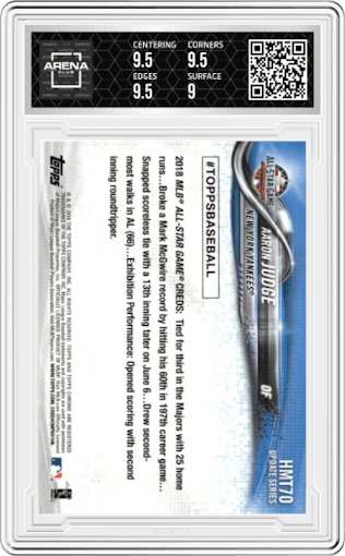 Aaron Judge  from the 2018 Topps Chrome Update  set graded by Arena Club and given an overall grade of 9.5.