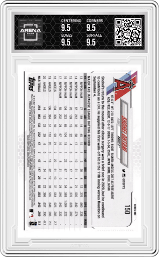 Shohei Ohtani from the 2021 Topps Series 1 set graded by Arena Club and given an overall grade of 9.5.