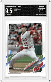 Shohei Ohtani from the 2021 Topps Series 1 set graded by Arena Club and given an overall grade of 9.5.