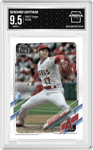 Shohei Ohtani from the 2021 Topps Series 1 set graded by Arena Club and given an overall grade of 9.5.
