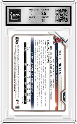 Shohei Ohtani from the 2021 Bowman set graded by Arena Club and given an overall grade of 10.