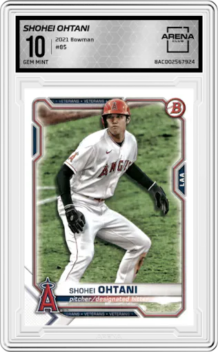 Shohei Ohtani from the 2021 Bowman set graded by Arena Club and given an overall grade of 10.