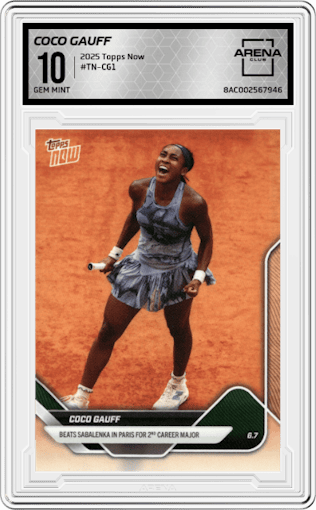 Coco Gauff from the 2025 Topps Now set graded by Arena Club and given an overall grade of 10.