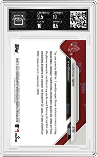 Roman Anthony from the 2025 Topps Now set graded by Arena Club and given an overall grade of 9.
