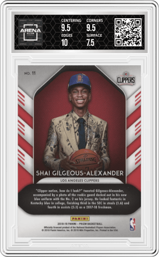 Shai Gilgeous-Alexander from the 2018-19 Panini Prizm set graded by Arena Club and given an overall grade of 8.