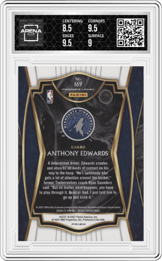 Anthony Edwards from the 2020-21 Panini Select  set featuring a Red/White/Green Cracked Ice parallel graded by Arena Club and given an overall grade of 9.