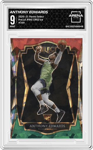 Anthony Edwards from the 2020-21 Panini Select  set featuring a Red/White/Green Cracked Ice parallel graded by Arena Club and given an overall grade of 9.