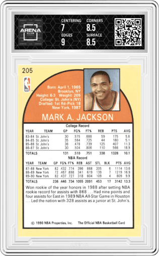 Mark Jackson from the 1990-91 NBA Hoops set graded by Arena Club and given an overall grade of 7.5.
