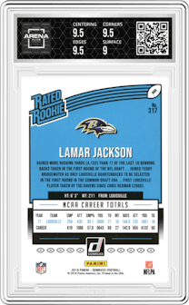 Lamar Jackson from the 2018 Panini Donruss set graded by Arena Club and given an overall grade of 9.5.