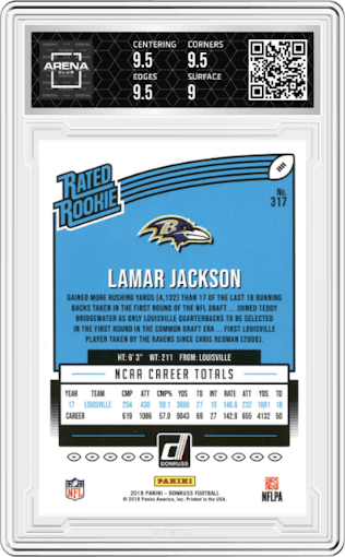 Lamar Jackson from the 2018 Panini Donruss set graded by Arena Club and given an overall grade of 9.5.
