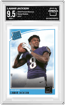 Lamar Jackson from the 2018 Panini Donruss set graded by Arena Club and given an overall grade of 9.5.