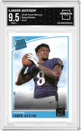 Lamar Jackson from the 2018 Panini Donruss set graded by Arena Club and given an overall grade of 9.5.