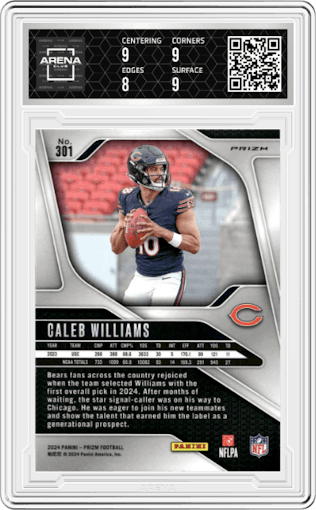Caleb Williams from the 2024 Panini Prizm set featuring a Disco parallel graded by Arena Club and given an overall grade of 8.5.
