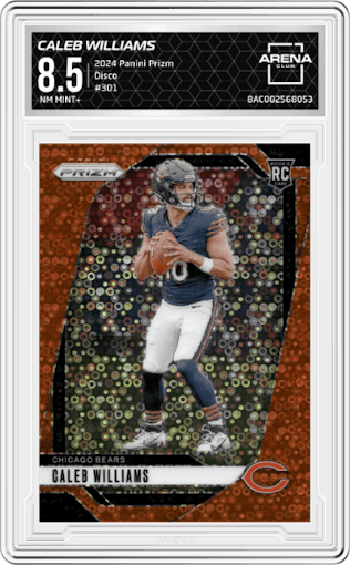 Caleb Williams from the 2024 Panini Prizm set featuring a Disco parallel graded by Arena Club and given an overall grade of 8.5.