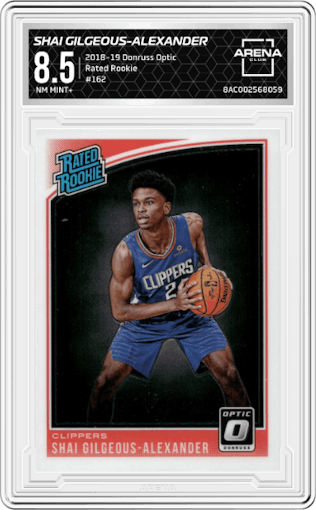 Shai Gilgeous-Alexander from the 2018-19 Panini Donruss Optic set graded by Arena Club and given an overall grade of 8.5.