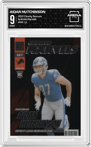 Aidan Hutchinson from the 2022 Clearly Donruss set graded by Arena Club and given an overall grade of 9.