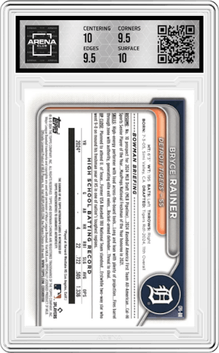 Bryce Rainer from the 2024 Bowman Draft set graded by Arena Club and given an overall grade of 10.