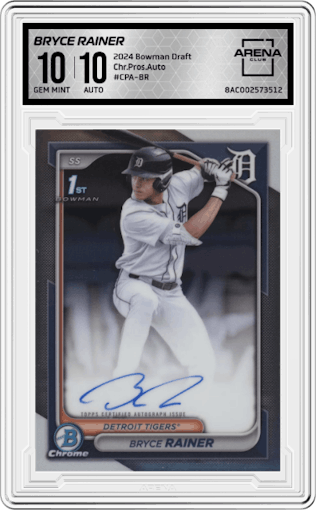 Bryce Rainer from the 2024 Bowman Draft set graded by Arena Club and given an overall grade of 10.