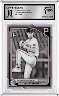 Levi Sterling  from the 2024 Bowman Draft set featuring a Pearl Refractor  parallel graded by Arena Club and given an overall grade of 10.
