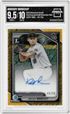 Brody Brecht  from the 2024 Bowman Draft set featuring a Gold Shimmer Refractor parallel graded by Arena Club and given an overall grade of 9.5.