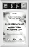 Jackson Merrill from the 2024 Topps  set graded by Arena Club and given an overall grade of 9.