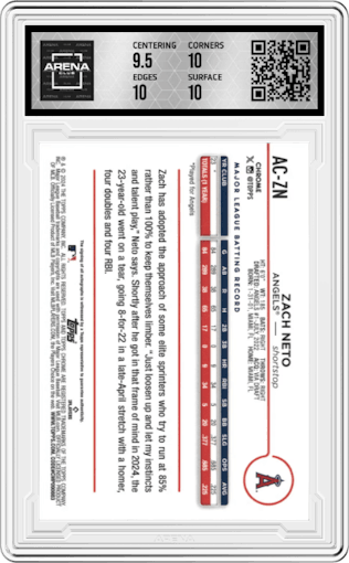 Zach Neto from the 2024 Topps Chrome Update set featuring a Gold Refractor parallel graded by Arena Club and given an overall grade of 10.