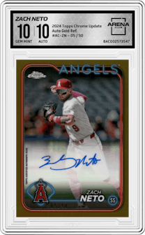 Zach Neto from the 2024 Topps Chrome Update set featuring a Gold Refractor parallel and given an overall grade of 10.